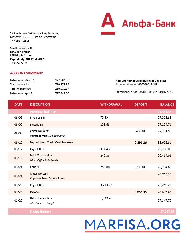 Printable Alfa Bank organization checking account statement Word and PDF template